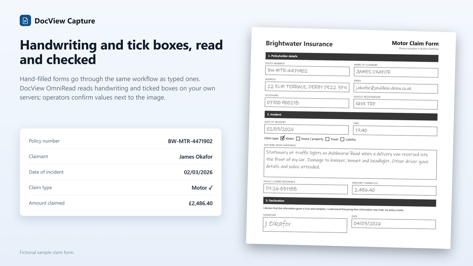 A handwritten claim form read by DocView OmniRead, with the values it found
