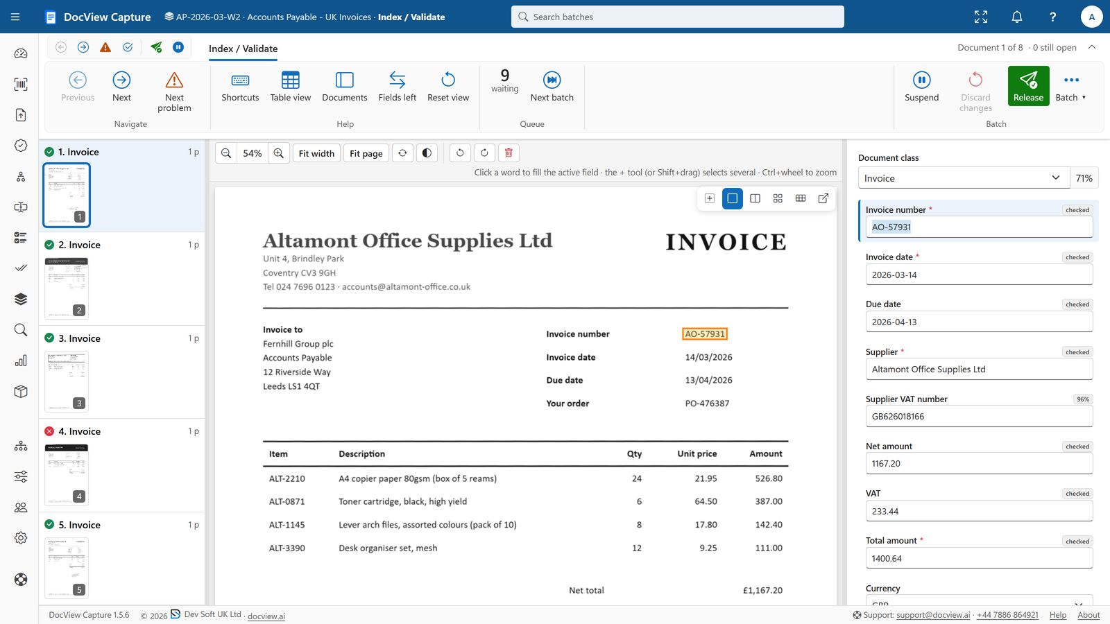 The Index and Validate screen with an invoice and its fields